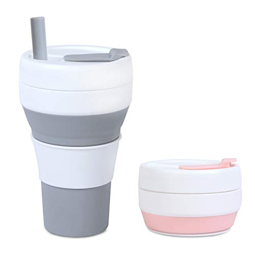 2 Pack 15 oz Reusable Collapsible Coffee Travel Cup with Straw,Pink Gray