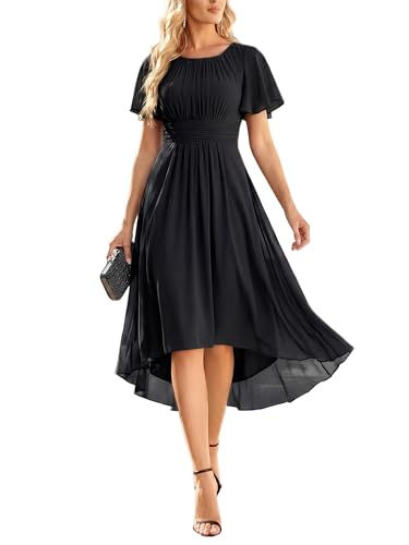 Ever-Pretty Women's Chiffon Crew Neck Empire Waist Short Sleeve Semi Formal Dresses Wedding Guest Dress Black US16