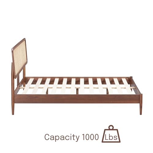 Image of NTC Lupin Wooden Bed Frame with Headboard and Natural Rattan, Solid Oak /Rubber Wood Foundation with Silent Slats, 1000 Lb Capacity, Effortless Assembly (Natural Cane - Dark Walnut, Queen)