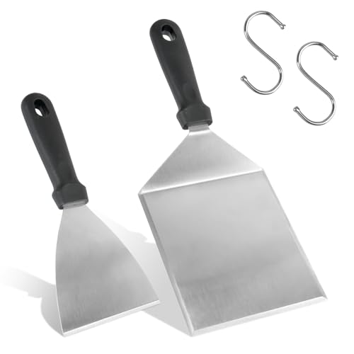 2 Stück Grillspachtel, Grill Spachtel Edelstahl, Grillspachtel mit 2 Haken, Grillwender Grillzubehör für Smash Burger, Teppanyaki, Gasgrill, Feuerplatte Grillschaber