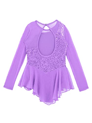 Easyforever Kids Girls Sequins Figure Ice Skating Dress Long Sleeve Gymnastics Skirted Leotard Skating Wear Dance Wear Light Purple 8 Years #TOP4