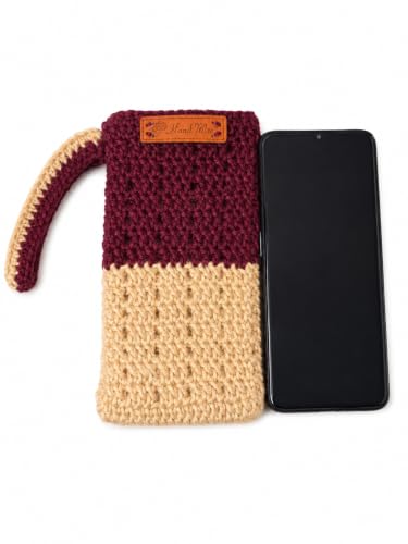 Image of Handmade Crochet Mobile Pouch for Women & Girls | Knitted Phone Holder with Wrist Strap | Cute Floral Aesthetic Mobile Cover Case | Soft Yarn Handmade Gift (BurgendyBeige)