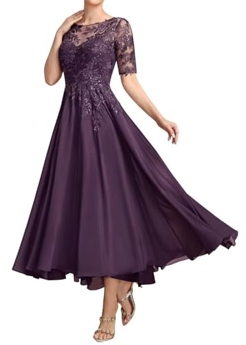 Mother of The Bride Dresses for Wedding Lace Appliques Chiffon Short Sleeve Mother of The Groom Dress Ankle Length He60173