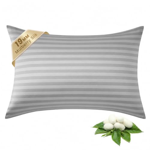 Image of THXSILK Mulberry Silk Pillowcase for Hair and Skin, Cooling Bed Pillow Cover with Hidden Zipper, Soft Smooth Print Silk Pillowcase Gifts for Women Men, 1pc (King 20 inchx36 inch, Grey Stripes)