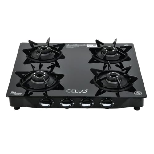 Image of Cello Dezire Plus 4 Burner Gas Stove | 6mm Toughened Glass | Manual Ignition | ISI Certified | Rapid Alloy Burnes | 1 Year Warranty | Hexa Pan Supports