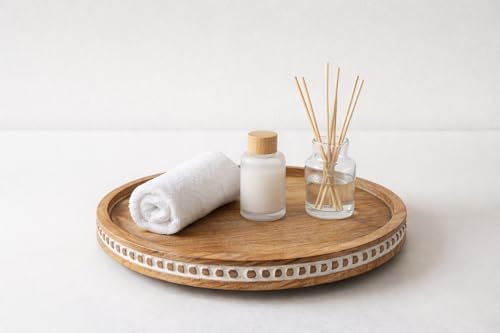 Image of Round Wooden Serving Tray for Dining Table | Decorative Mango Wood Tray for Snacks, Coffee & Table Decor | Handmade Kitchen & Living Room 10 inches White