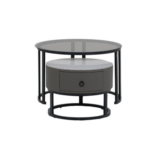 Image of Royaloak Sepang Malaysian Sintered & Glass Coffee Table Set of 2 | Nesting Coffee Table for Living Room with Modern Nested Design, Drawer Storage, Tempered Glass Top & Powder-Coated Metal Frame