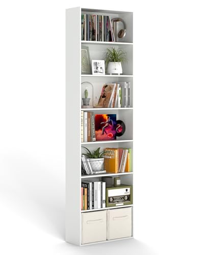Amveya Estanteria Libros Blanca, Libreria Estanteria Estrecha, Estantería Libros Blanca, Estanterias Salon Blancas con Espacio Abierto de 7 Pisos(60 x 23.5 x 209.5cm)