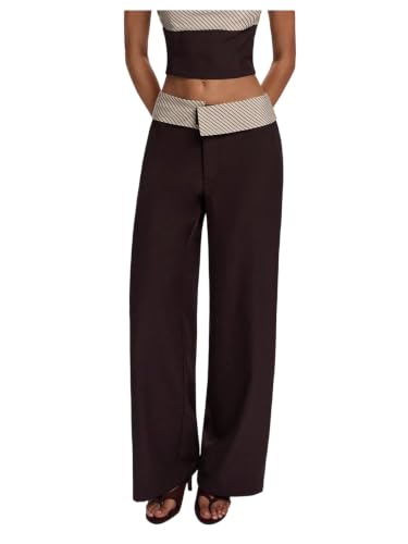 Image of MakeMeChic Women's Striped Fold Over Pants Wide Leg Straight Trousers