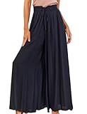 Pasgreson Women's Casual Wide Leg Pants Flowy Ruffle Elastic Drawstring Waist Beach Palazzo Pants with Pockets