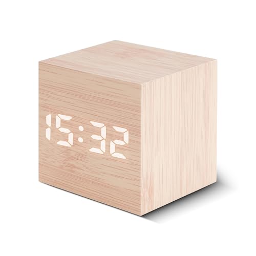Jaxiyun Digitaler Wecker aus Holz Digitalwecker mit Datum Temperatur Schlaffunktion 3 Alarmeinstellungen automatischer Lichtsensor einstellbares Licht