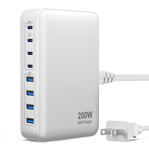 USB C Charger, 200W 8-Port USB C Charging Station Hub【4 USB C+4 USB A】, GaN Fast Charger, Compatible with MacBook Pro/Air/Google Pixel/iPhone...
