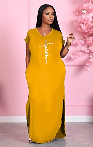 Image of Women Summer V Neck Loose Side Split Maxi Dresses with Pocket