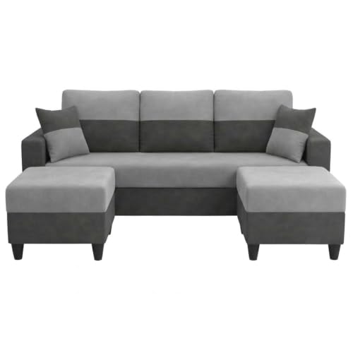 Image of Cavo 5 Seater L Shape Sofa Set with 2 Movable Ottomans | Flexible Layout | Luxury Velvet Suede Fabric | Modern Living Room Sofa | Dark Grey-Light Grey