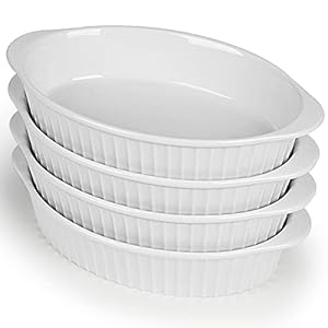 LEETOYI Porcelain Small Oval Au Gratin Pans,Set of 4 Baking Dish Set for 1 or 2 person servings, Bakeware with Double Handle for Kitchen and Home (White)