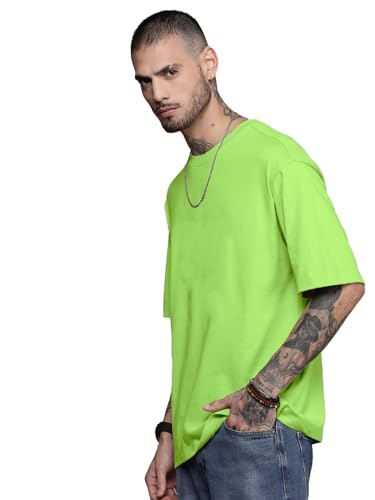 Image of LEOTUDE Half Sleeve Oversized Tshirt for Men, Round Neck Cottonblend Drop Shoulder Solid T-Shirt (Color Multicolor)