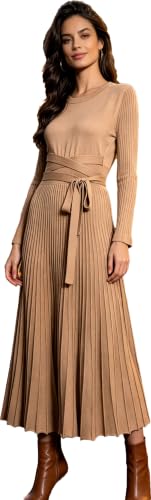 Image of RanRui Womens Winter Fall Pleated Knitted Fit and Flare Long Sleeve Sweater Dress