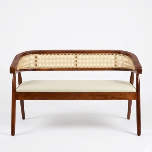 Image of Solid Acacia Wood 2 Seater Bench with Cushioned Rexine Seat | Anti-Termite Wooden Sofa Bench for Living Room, Bedroom & Entryway | Modern Cane Backrest Design (47 x 19 x 29 Inch)