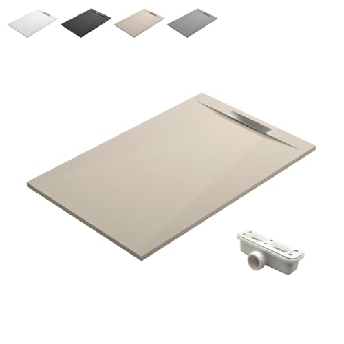 Plato de Ducha de Resina Antideslizante con Valvula y Rejilla Oculta | Textura Piedra | Beige | 90 X 170 cm