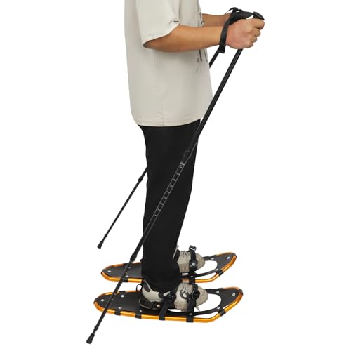 Light Weight Aluminum Snow Shoes with Trekking Poles, Ratchet System Snowshoes for Adults Men Women, 25in Gold Snow Shoes+ Black Trekking Poles, Load Capacity of 220 lbs