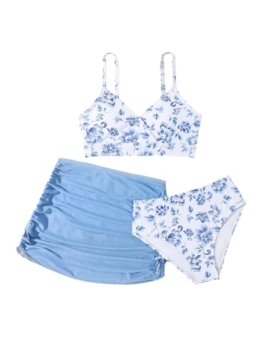Girl's Swimsuits 3 Piece Floral Spaghetti Strap Wireless Swimwear with Ruched Beach Skirts Bathing Suits