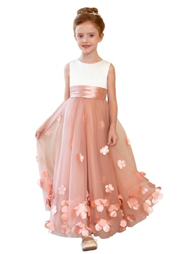 JISISANG 3D Floral Flower Girls Satin Tulle Princess Pageant Dresses for Wedding Formal Holiday Photo Shoot