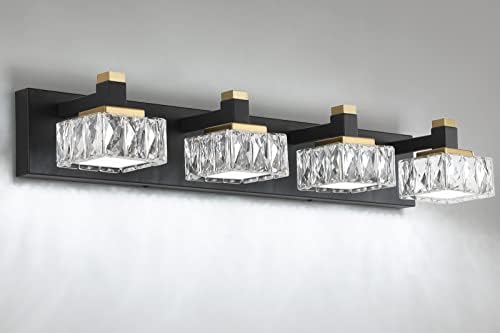 BRKNIT 4 Lights Black Gold Rest room Vainness Lights Fixtures Over Mirror Fashionable Led Crystal Wall Lights Fixture for Rest room Lighting