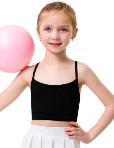 IFNOW Girls Sports Bra Y Back Spaghetti Strap Training Bra Padded Yoga Crop Top for Teens Kids 5-14 Years Black