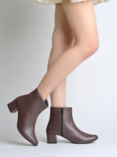 Image of Shoetopia Women's Ankle Boots - Faux Leather Pointed Toe Booties with Side Zip & Mid Block Heel for Work, Party & Everyday