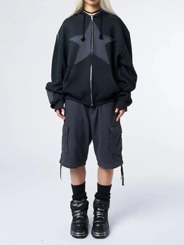 Y2K Zip Up Hoodie for Women Men Star Graphic Hoodie Grunge Pullover Hooded Sweatshirt Jacket4