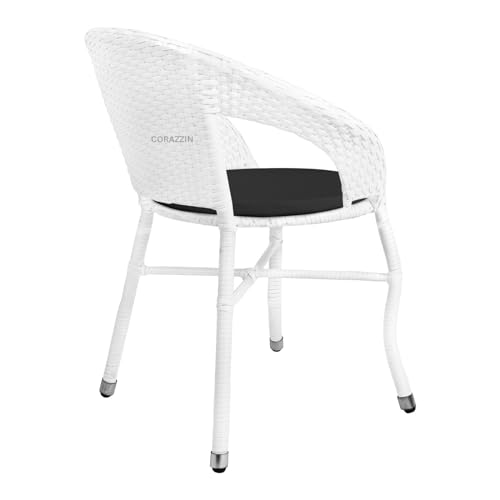 Image of Rattan Wicker Garden Patio Seating Chair and Table Set for Outdoor Balcony Garden Coffee Table Set Furniture with 1 Table and 2 Chair with Black Cushion (White)
