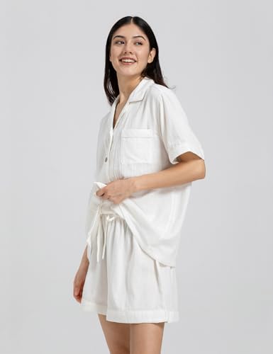 Image of Womens Muslin Pajama Sets 100% Cotton Double Gauze Linen Like Short | Breathable Soft Comfort Button Up Loungewear Sleepwear PJ Set