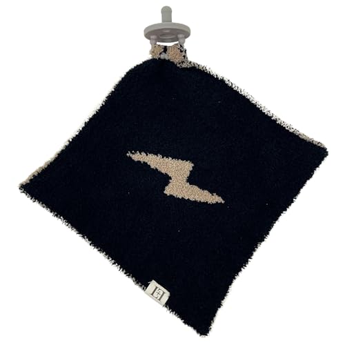 Image of L+L USA Lightning Bolt Baby Lovey Pacifier /Teether Holder 10 inchx10 inch - DreamSoft Plush Fluffy Cuddly Soothie Reversible Mini Comfort Blanket - Newborn Gift Essential Babies Boys and Girls (Black /Brown)
