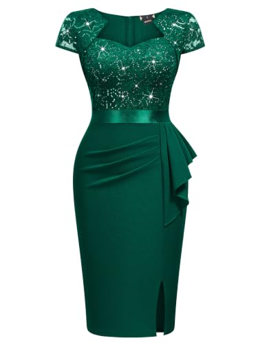 Image of Miusol Women's Elegant Square Neck Glitter Sequin Lace Cocktail Dress | Sparkly sequin lace, bodycon fit, chic ruffle, women dress perfect for wedding guest, cocktail and semi formal events