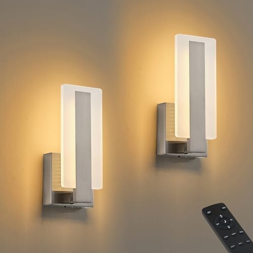 Image of KARTOOSH Rechargeable Wireless Wall Sconces,Battery Operated Modern Wall Light Set of Two with Remote Control,Dimmable,3000K /4000K /6000K,Timer,Cordless Lighting for Hallway,Bedroom,Living Room Nickel