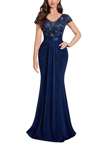 Image of Miusol Women's Deep V-Neck Lace Sequin Pleated Evening Formal Maxi Dress
