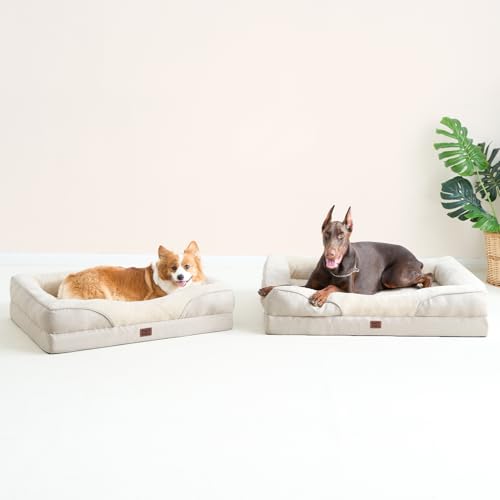 EHEYCIGA Orthopädisches Hundebett Grosse Hunde, 106.5x76x18.5cm, Memory Foam Waschbar und Wasserdicht Hundekorb mit 4 Rändern, Hundesofa Hundecouch rutschfest, Beige