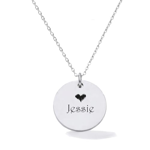 HUAN XUN Personalized Engraved Jessie Name Necklace for Women, Customizable Stainless Steel Double-Sided Custom Heart Initial Disc Pendant Jewelry with Birth Month Flower Necklace for Mother Day Christmas