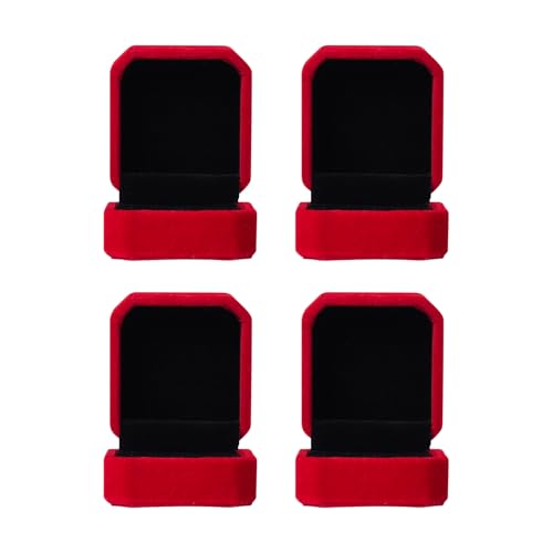 WAONIQ Pacote com 4 caixas de anel de veludo para joias - elegante estojo de exibição de brinco e pingente, caixa de presente de anel de casamento com forro macio (vinho tinto, 5,5 x 4,7 x 4 cm)
