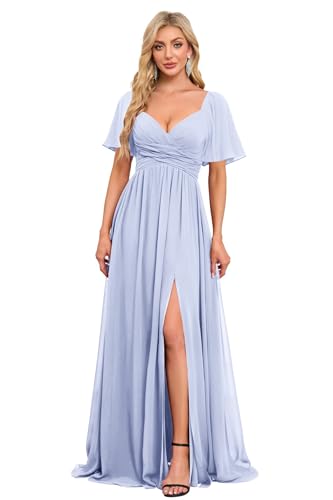 Image of Women's Flutter Sleeves Chiffon Bridesmaid Dresses with Slit Long A Line V-Neck Formal Party Dress with Pockets