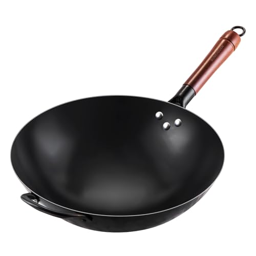 SUMEIGUAN 13.5 Inch Carbon Steel Wok Round Bottom, Non Stick Woks, Pre-Seasoned Chinese Wok Hand...