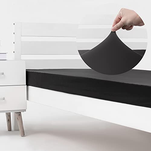 Cot Size Fitted Sheet Only - 4-Way Stretch Jersey Knit & Snug Fit for Bunk Beds, Camping, RV, Folding Beds, Boys & Girls, Wrinkle Free & No Slipping, Soft & Comfortable - Black, Bunk Twin