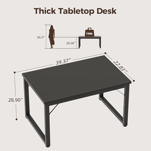 Image of 40 Inch Computer Desk, 1 inch Thick Small Office Table, Black | Modern Simple Style, Heavy Duty Industrial Frame, Small Study & Writing Table for Home Bedroom Work