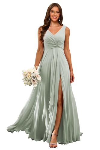 RSOETOO Sage Green Chiffon Women Bridesmaid Dresses with Slit 2026 Ruched Long Women Formal Dress for Wedding US6