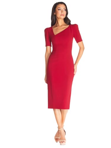 Image of Dress the Population Women's Ruth Short Puff Sleeves Asymmetrical Neckline Bodycon Midi Dress