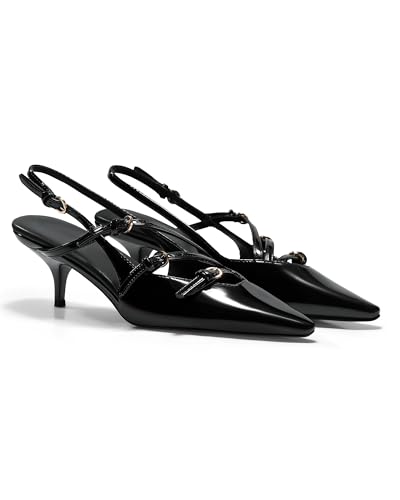 Coutgo Slingback Kitten Heels for Women Low Heel Closed Pointed Toe Buckle Strap Pumps Shoes, Black, Size 8