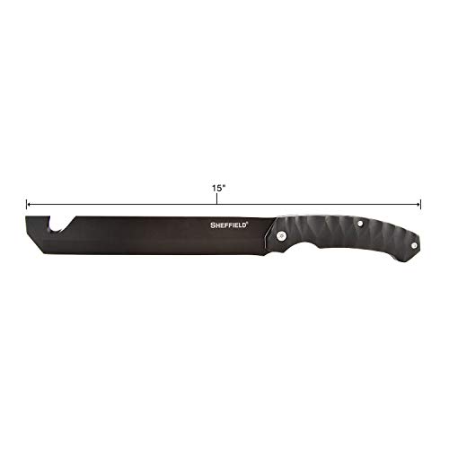 Sheffield 12141 Fletcher 9 Inch Tanto Tactical Blade Machete For Camping, Surivalists, Self-Defense, Hunting, And Gardening, Partially Serrated Fixed Blade Knife With Gut Hook, Black #TOP2