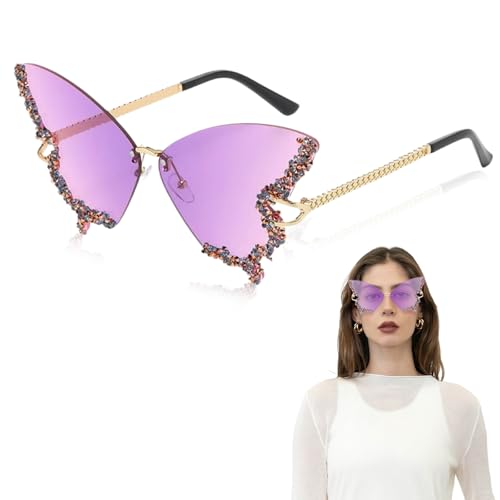 Lunettes de Soleil Papillon, Lunettes de Soleil Femme Sans Monture, Butterfly Sunglasses, Sunglasses Forme de Papillon, avec Strass et Dégradé, Accessoires de Fête...