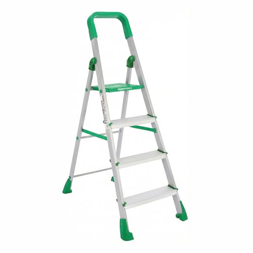 Image of Amazon Basics Clamber Pro - Foldable Step Ladder, Firm Grip, 4 Steps (Aluminium Steps, Green & Satin)