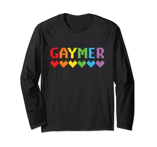 Gaymer Retro Gamer LGBTQ Rainbow Gay Pride Pixel Hearts Maglia a Manica